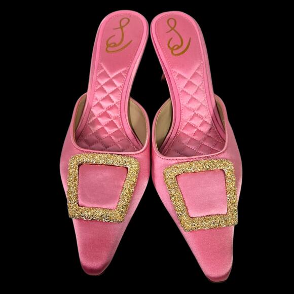 Sam Edelman Brit Satin Mule Pink Pointy Embellished Buckle Quilted Kitten Heel 8 - Picture 6 of 15